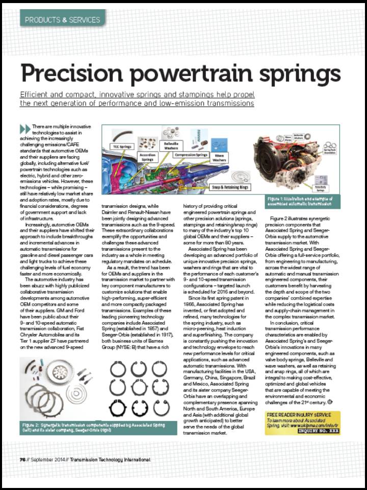 Transmission Tech International article showcases Associated Spring's innovative precision powertrain springs.